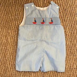Blue seersucker short overalls with smocking and sailboats - size 18m